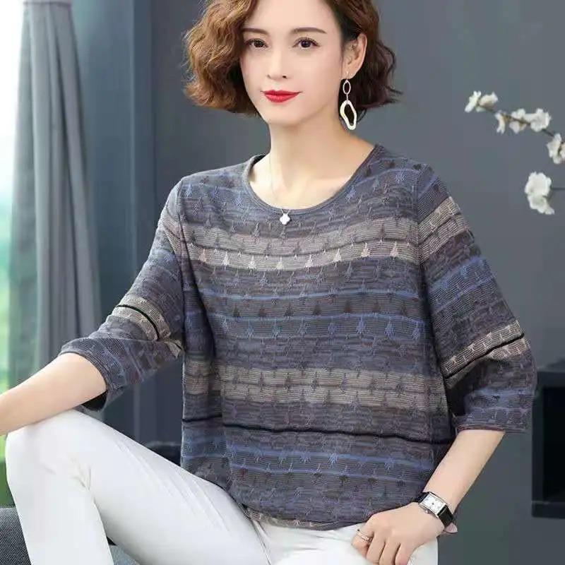 Spring and Autumn New Thin Middle-aged Mid-Sleeve Three-quarter Sleeve Knitted Sweater Women's Fashion