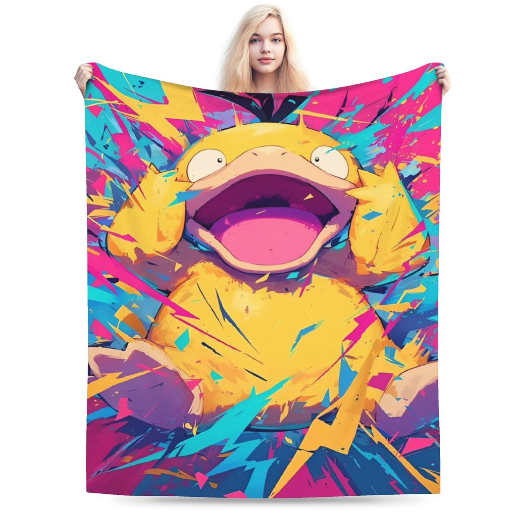 Warm Blanket Travel Office Manga Psyduck Printed Throw Blanket Pokemoned Flannel Bedspread For Outdoor Funny Sofa Bed Cover