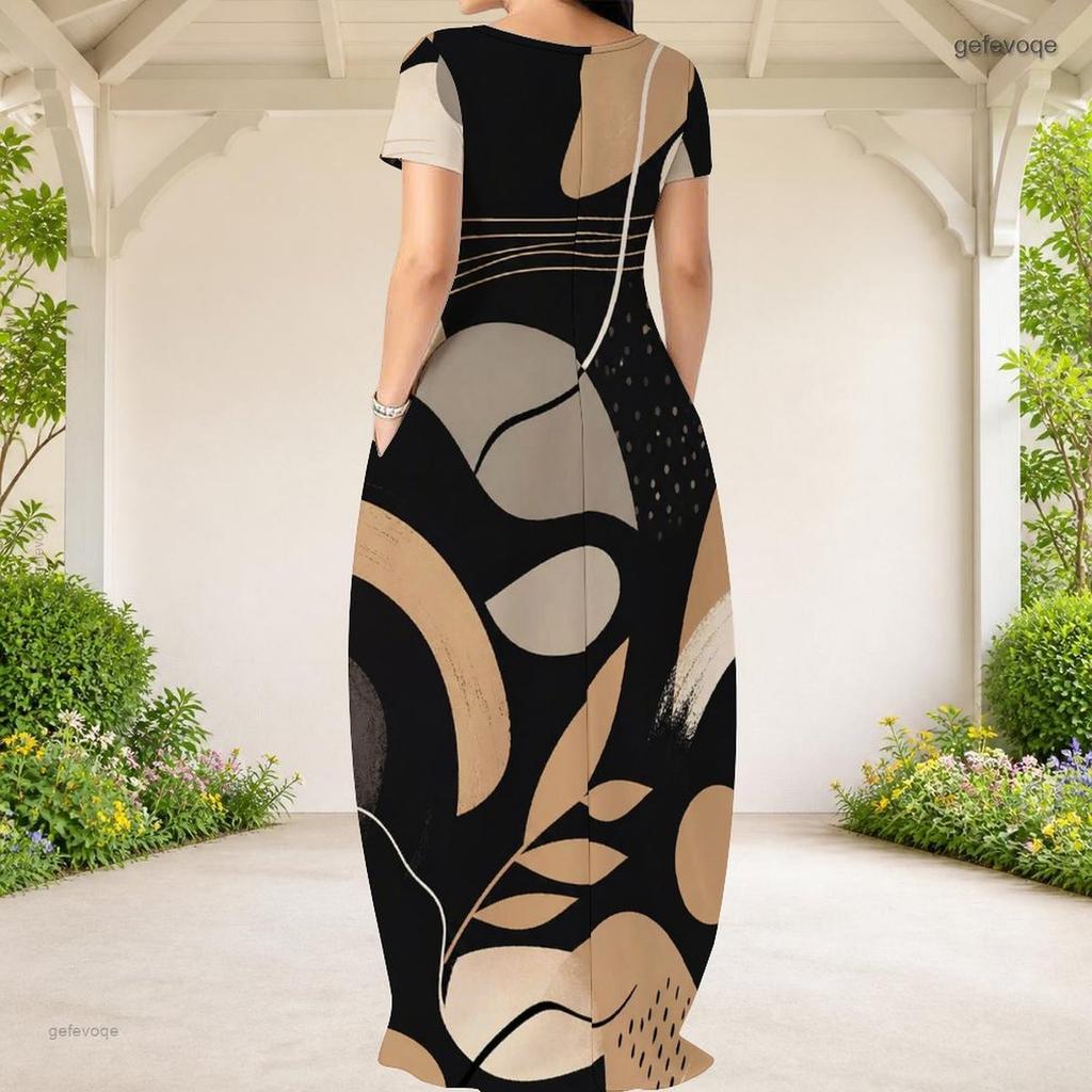 Women Plus Size Round Neck Short Sleeve Abstract Printed Loose Maxi Dress With Side Pockets