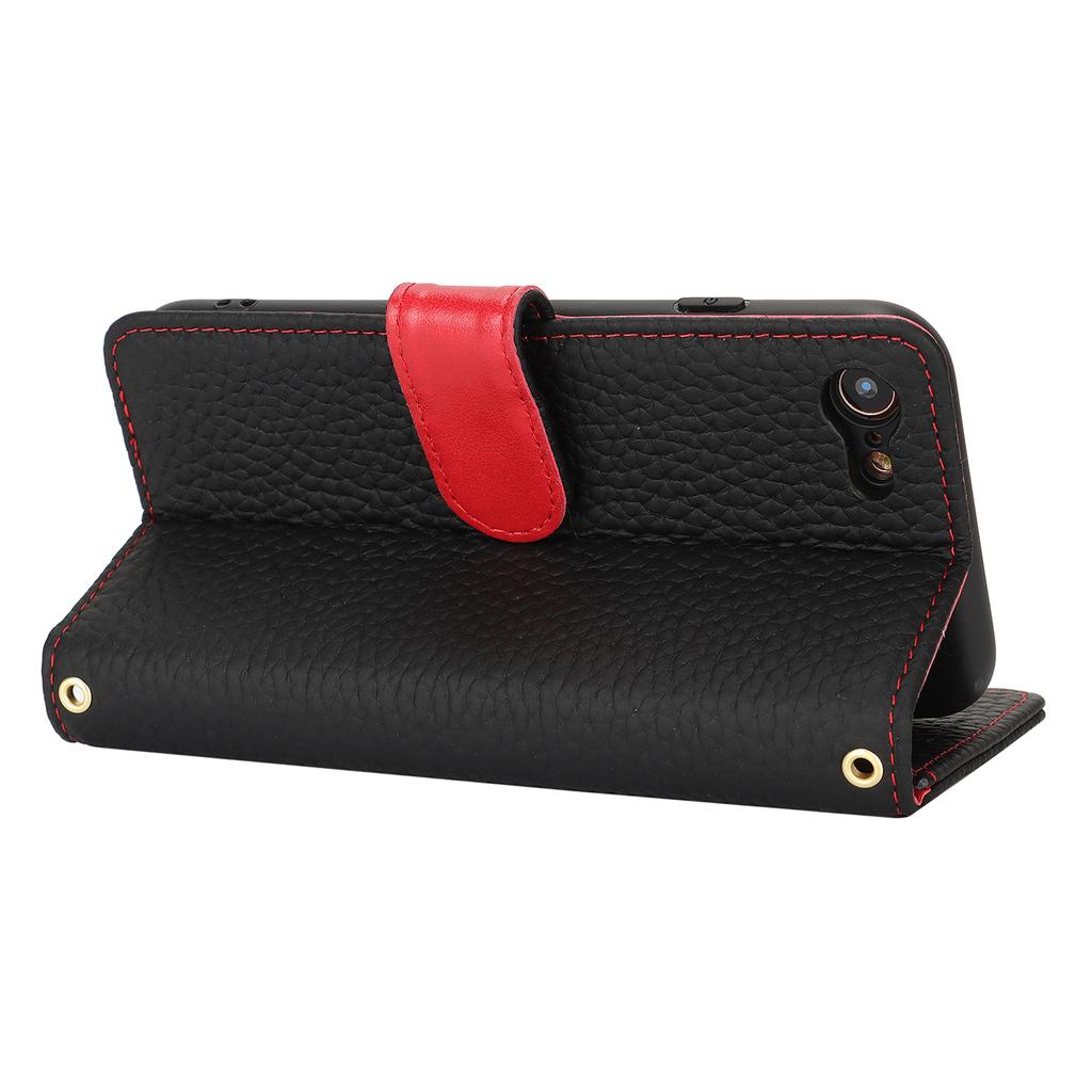 For iPhone SE (2022)/(2020)/8/7 Stand Case Litchi Texture Genuine Cow Leather Wallet Phone Cover RFID Blocking