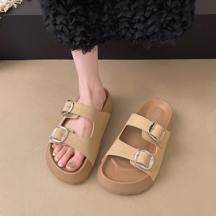 

Европейские босоножки с открытым носком из матовой кожи, пряжкой на ремне с одним словом, пляжные тапочки, женская обувь Boken 40