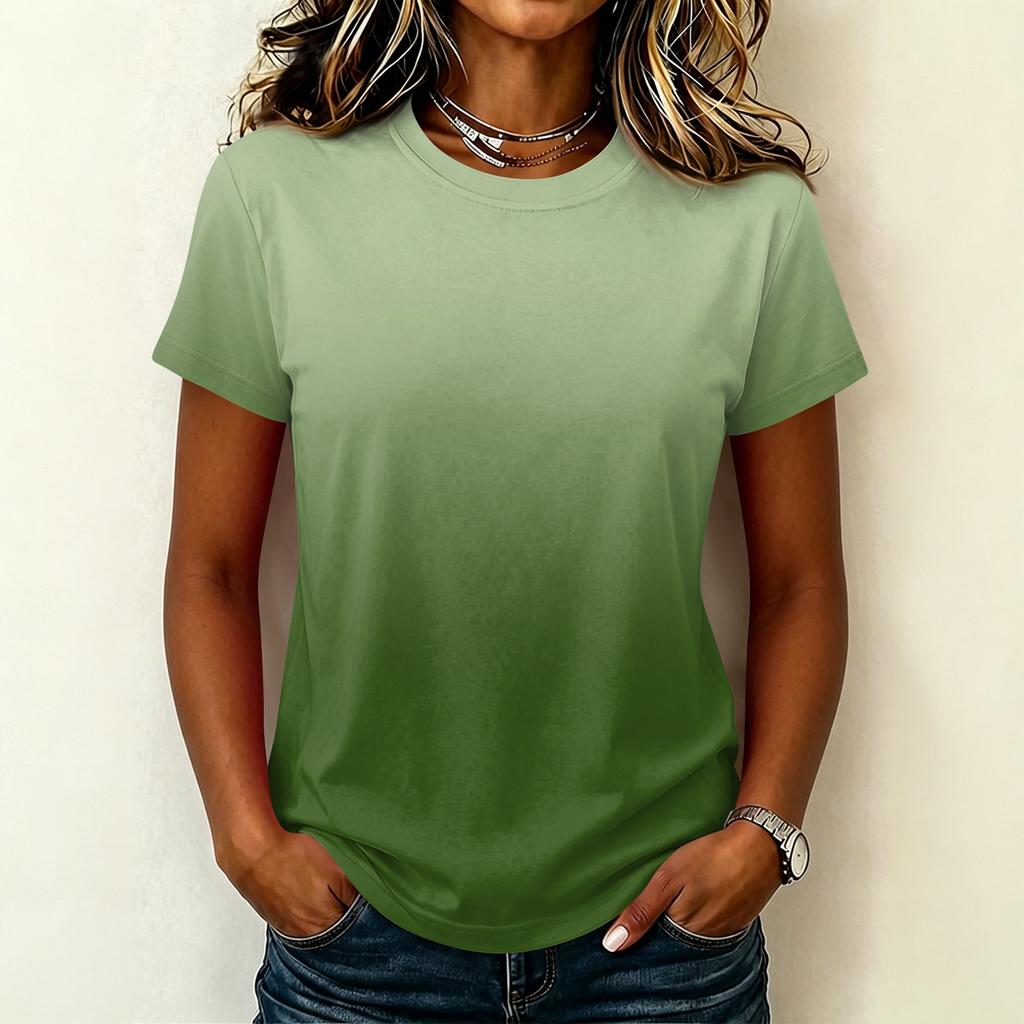 Women's Casual Pullover T-Shirt Short Sleeve Crew Neck Gradient Color Top Lightweight Soft Fabric Summer Wear
