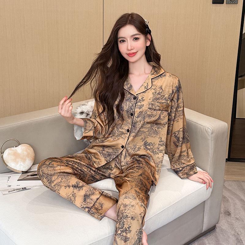 2025 Summer Chinese Ink Style Ice Silk Long Sleeve Pajamas for Women - Elegant Spring/Autumn Wear