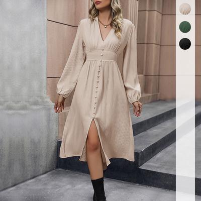 Multi-coloured Fashion Women's Solid Colour Long-sleeved Split Dress Spring Clothes Comfortable and Versatile Temperament Elegant Casual Clothing