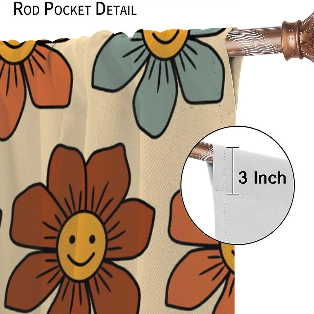 70S Flowers Curta Retro Colors Floral Groovy Vintage Colorful Blackout Window Drapes For Bedroom Living Room Kitchen Cafe