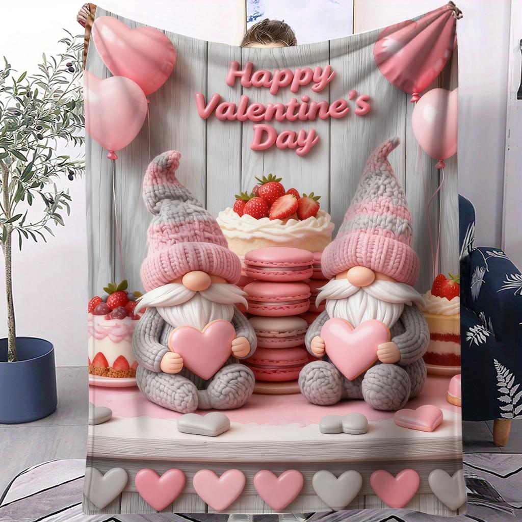 Schönes Gnom-Paar Flanelldecke mit Herzmuster Warmer Überwurf Leichte Kuscheldecke für Wohnzimmer Valentinstagsgeschenk