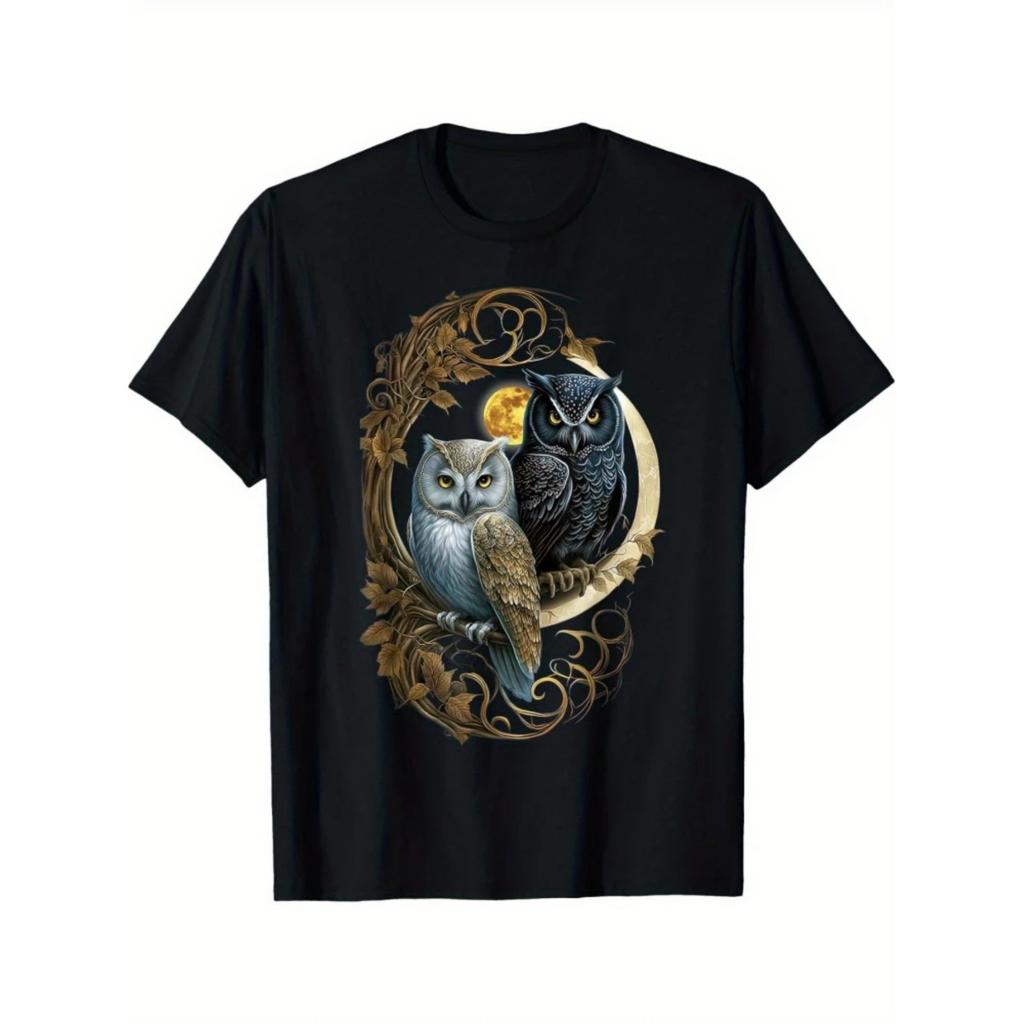 Moon Owl Graphic with Night Birds Design for Owl Lovers design -100% cotton O-neck short sleeve casual printed men's T-shirt