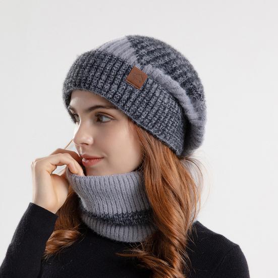 Yousheng 2 Pcs/Set Men Winter Hat Neck Warmer Thick Knit Stretchy Contrast Color Ear Protection Keep Warm Daily Wear Dome Cap Outdoor Skiing Skating