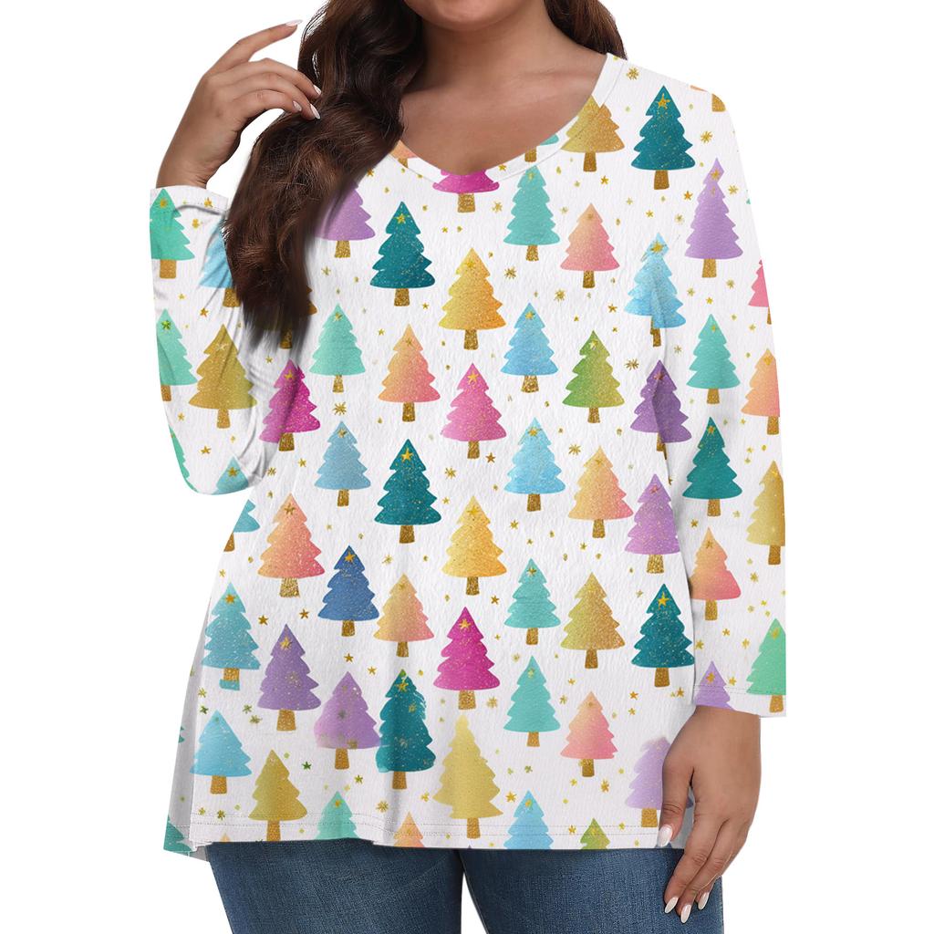 Women's Fashionable Casual Long Sleeved Plus Size  Print Top Plus Size Floral Print Top