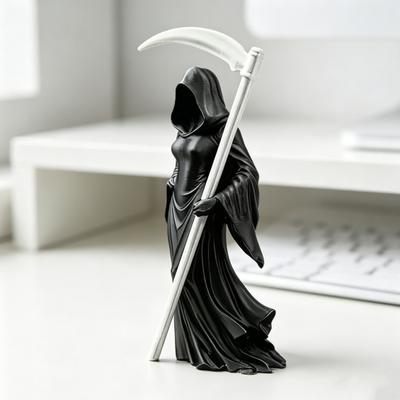 Gothic Female Grim Reaper Statue with Sickle 3D Printed Black Robe Queen Figurine Mysterious Sculpture for Home Office Desk Bookshelf Decor