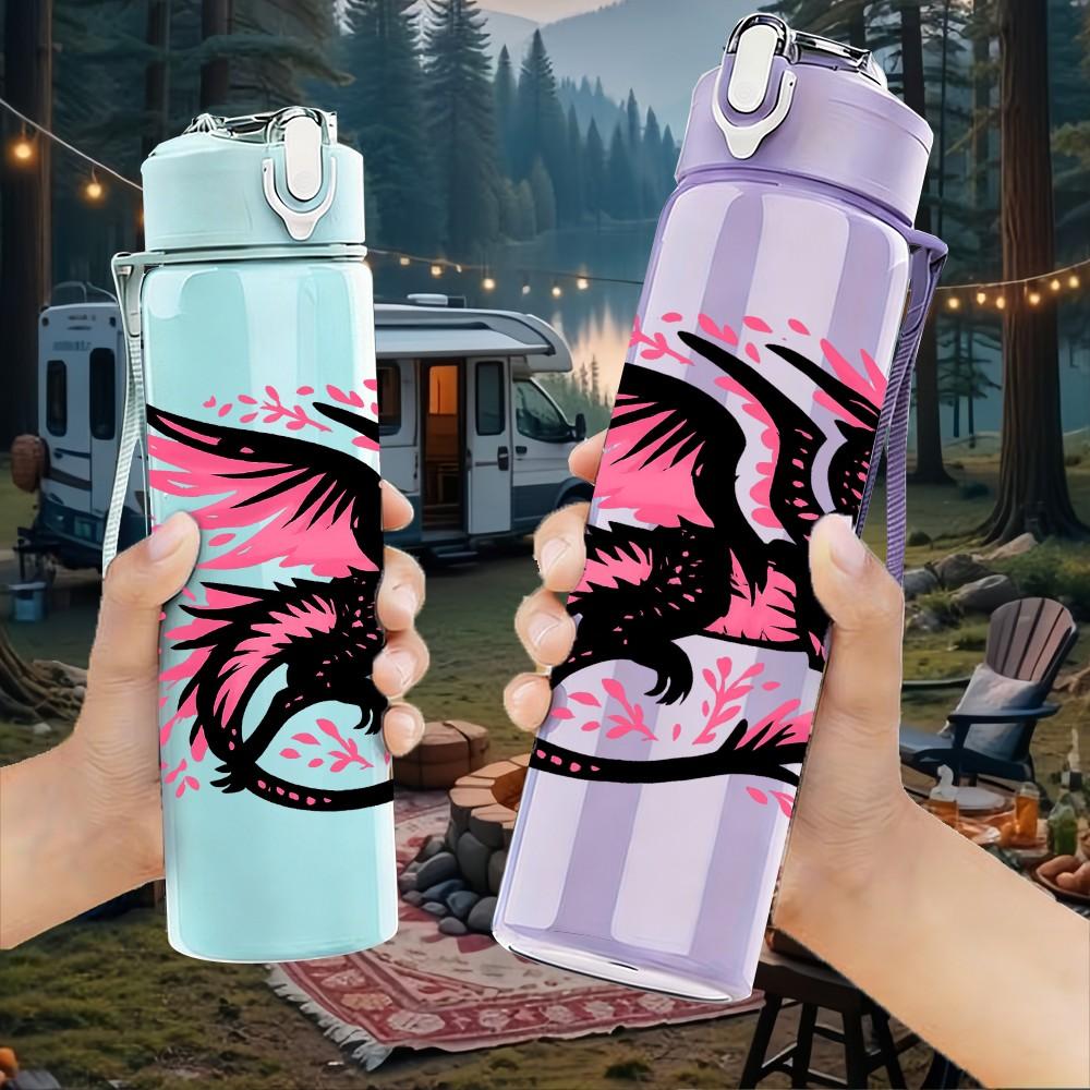 1PC Pink Black Dragon Art 750ml Color Plastic Sports Water Bottle Leakproof Flip Straw Lid Suitable for Sports Office Home Use