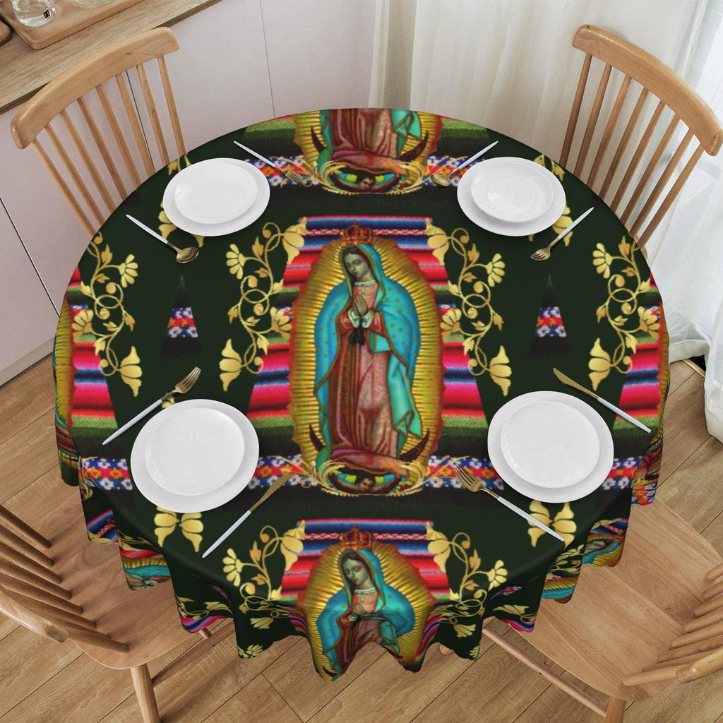 Round Our Lady of Guadalupe Virgin Mary Tablecloth 60 inches Kitchen Dinning Table Cloth Jesus Mexico Christian Table Covers