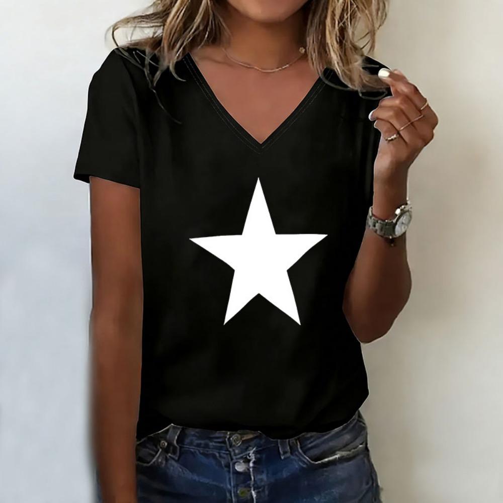 Hip Hop Star DesignV Neck T-shirt Casual Fashion Y2k Streetwear T Shirts Women Short Sleeve V-Neck Summer Spring Tee Shirt