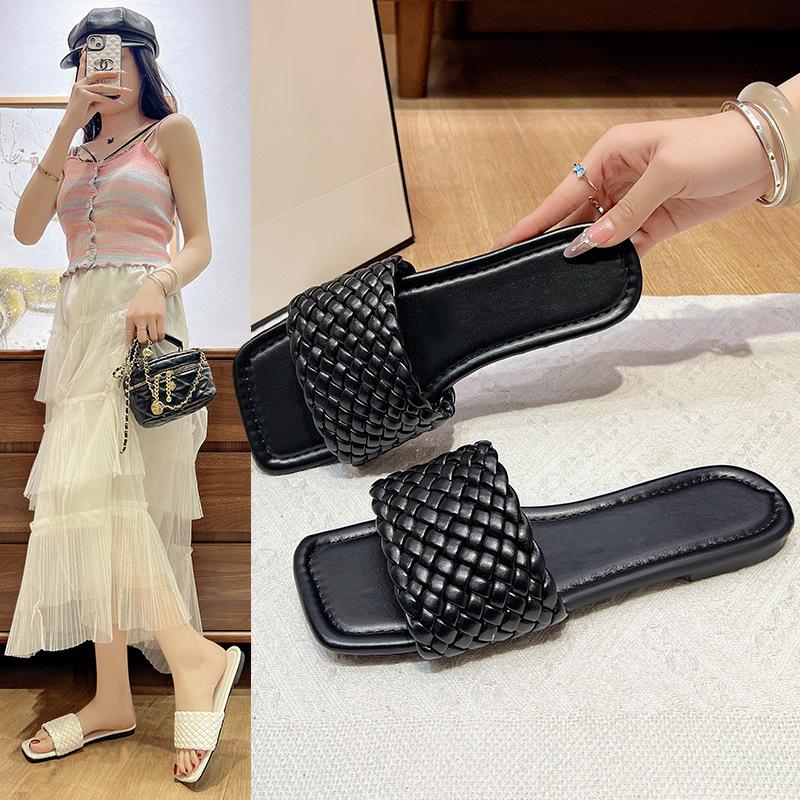 Large Size Flat-bottomed Slippers Women's Outer Wear Casual Simple Solid Color One-word Woven Belt Women's Slippers Slippers