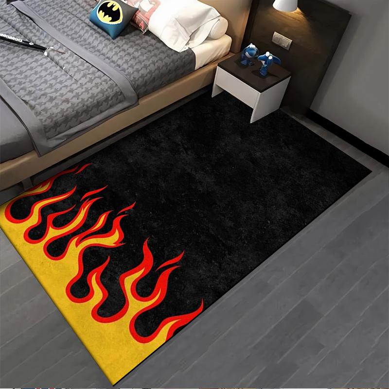 Schwarzer Teppich mit rotem Flammen- und gelbem Randdesign für die Heimdekoration Geeignet für den Einsatz als Anti-Rutsch-Matte für Wohnzimmer, Schlafzimmer, Sofas