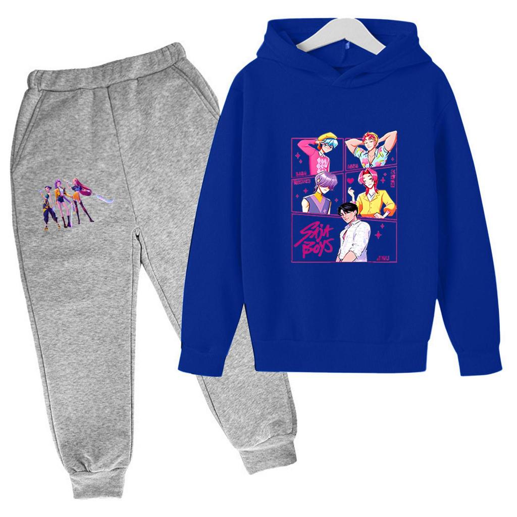 Winter Boy And Girls Color Long Sleeved Hooded Sweatshirt Two Piece Set Of Top And Pants
