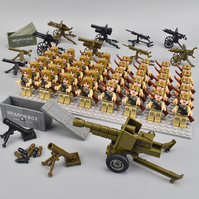 40pcs WW2 Military Figures Building Blocks Army Soldier Battlefield Machine Gun Weapons Bricks Kids Toy