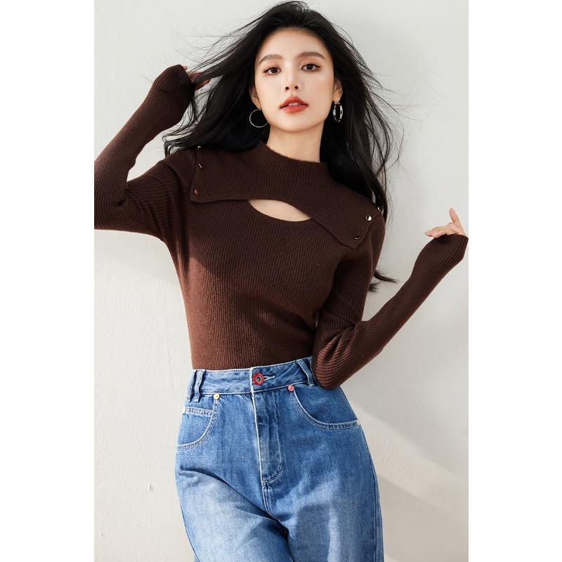 Trendy Black Knitted Sweater for Women, Hollow Out Design, Half-high Collar, Straight Cut, Figure Slimming