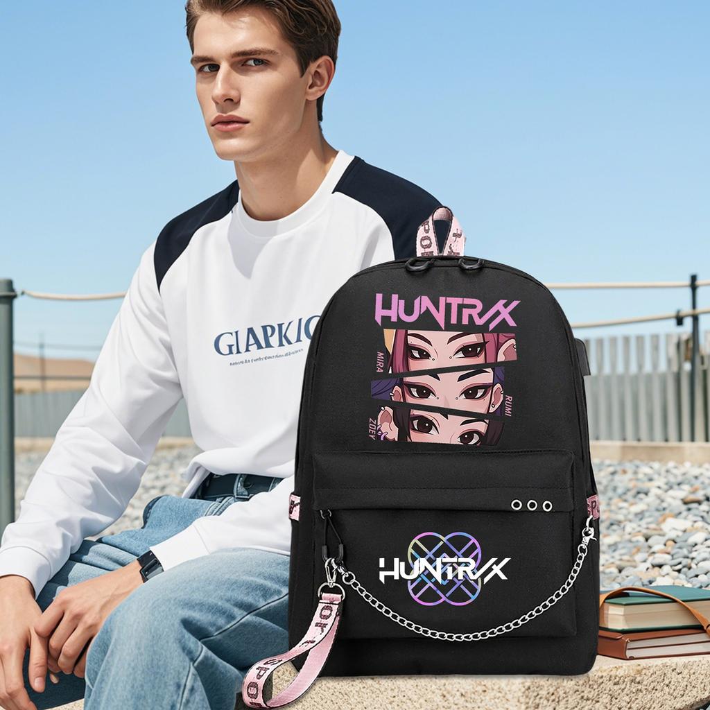 Witch  Girl Group Print Student Backpack Iron Chain Trendy Backpack USB Backpack