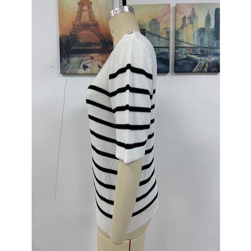 Frühling/Sommer Neue Damen-Pullover mit Knöpfen und Streifen, modisch, Rundhalsausschnitt, kurzärmelige Damen-Strickwaren