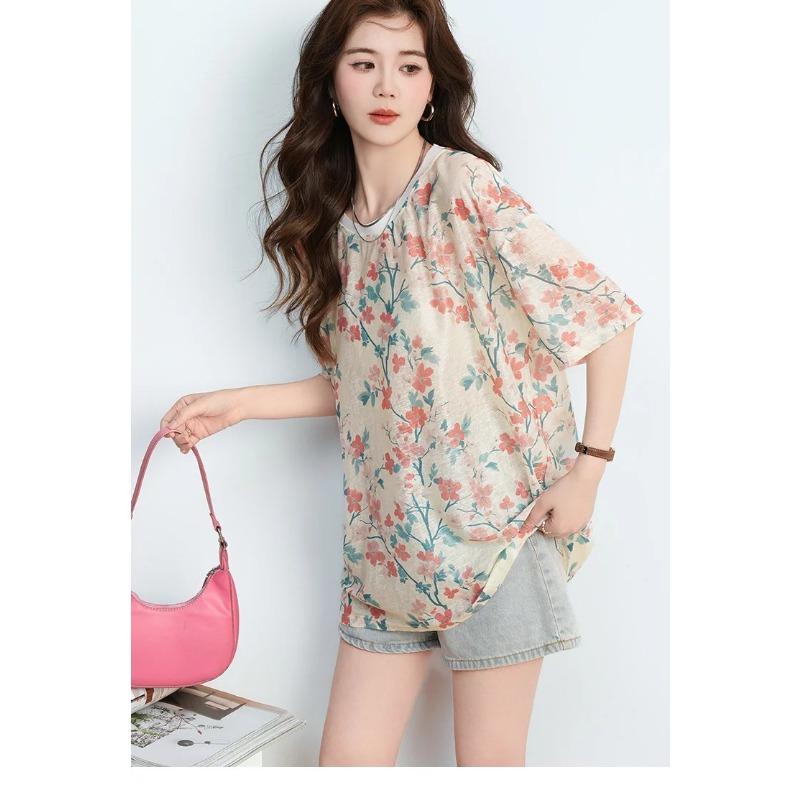 DIMANAF 2026 Plus Size Summer Beach Women T-Shirts Casual Lady Tops Tunic Tees Shirt Oversize Loose Floral Print Knitted