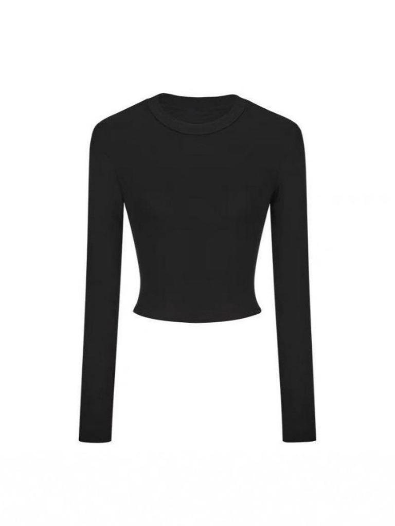 Women's Autumn Korean-Style Fitted Top: Versatile, Waist-Cinching Base Layer with Long Sleeves and Short Length.