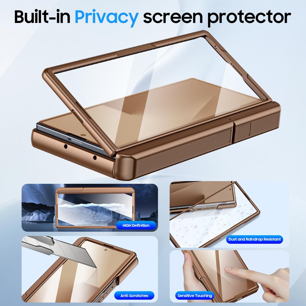 for Samsung Galaxy Z Fold 7 With Card Holder RFID Blocking,Built in Slide Lens Cover & Hinge Protection&Kickstand & Screen Protector,Wallet Case-Gold