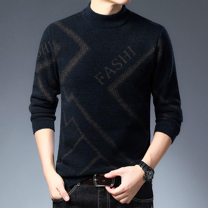 Men's Knit Striped Round Neck Sweater – Thickened Plus Velvet Base Layer for Autumn/Winter