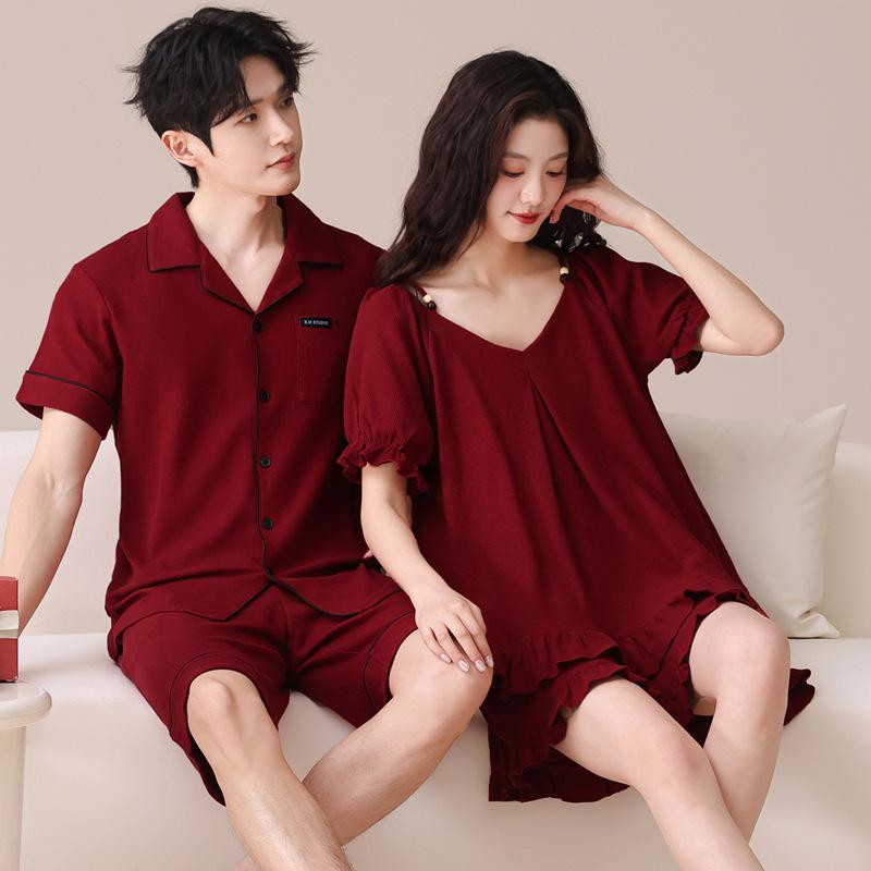 Women s Antibacterial Cotton Wedding Pajama Set: Summer Short Sleeve and Shorts, Year of the Rat Red, Couple Wear Men XXL (150-180 jin)