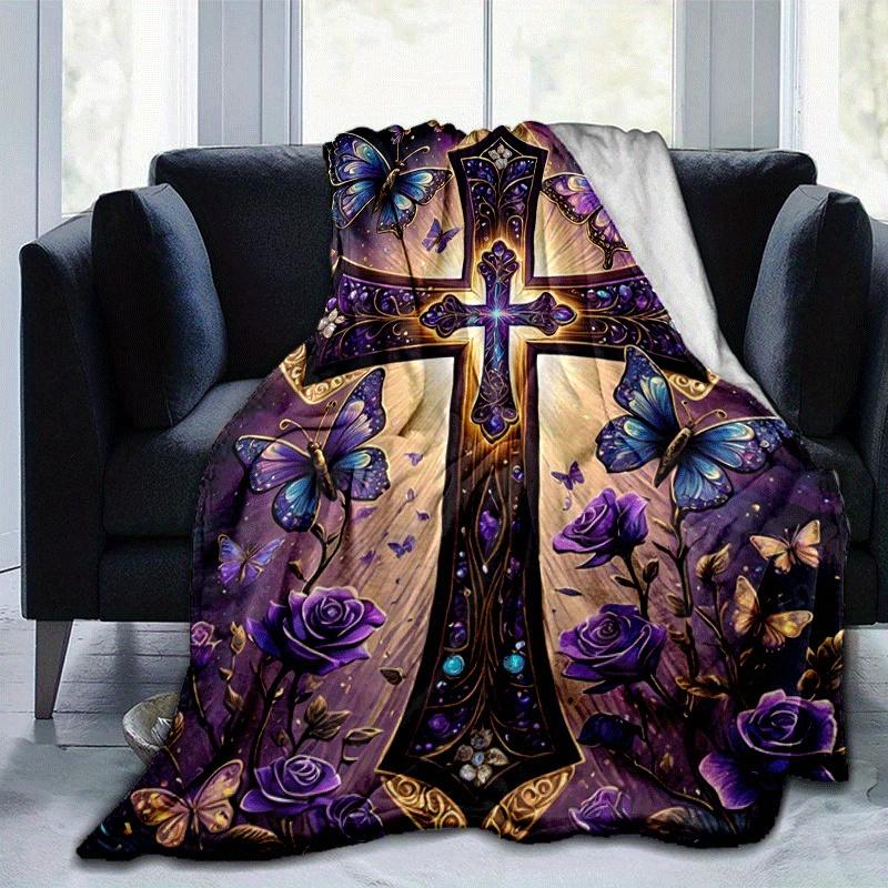 

1pc Purple Butterfly Rose Cross Printing Lightweight Flannel Blanket, Comfortable and Warm Blanket, Camping Sofa Bed and Couch Office, Gift 100x150cm