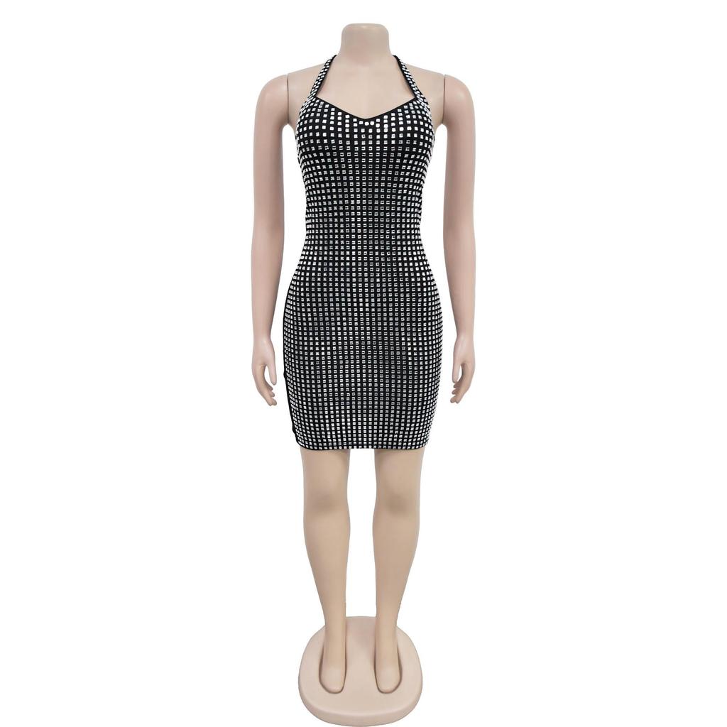 C7179 European & American Fashion Sexy Halter Rhinestone Bodycon Pencil Dress for Women