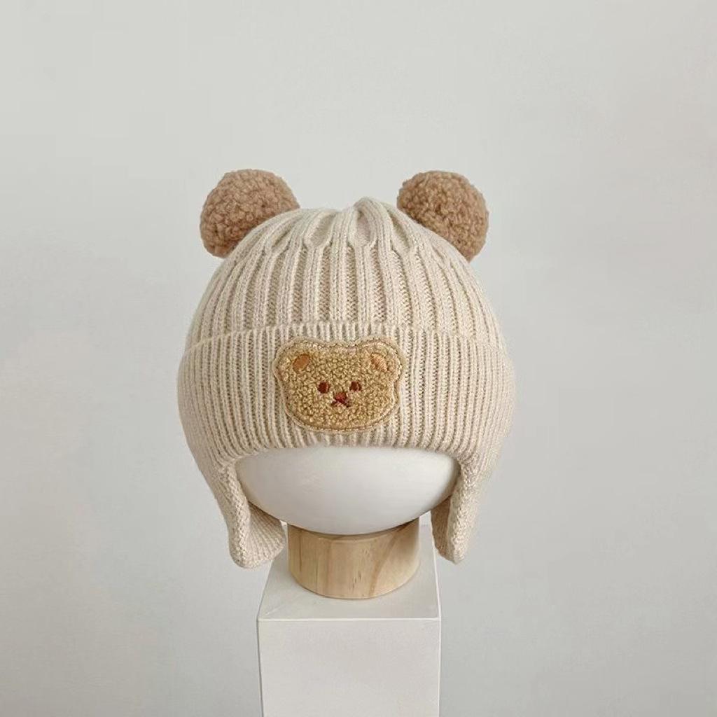 1-5PCS Winter Knit Beret Hat with Bear Ears and Ear Flaps Solid Color Baby Beanie Korean Style Warm Fleece Lined Toddler Cap
