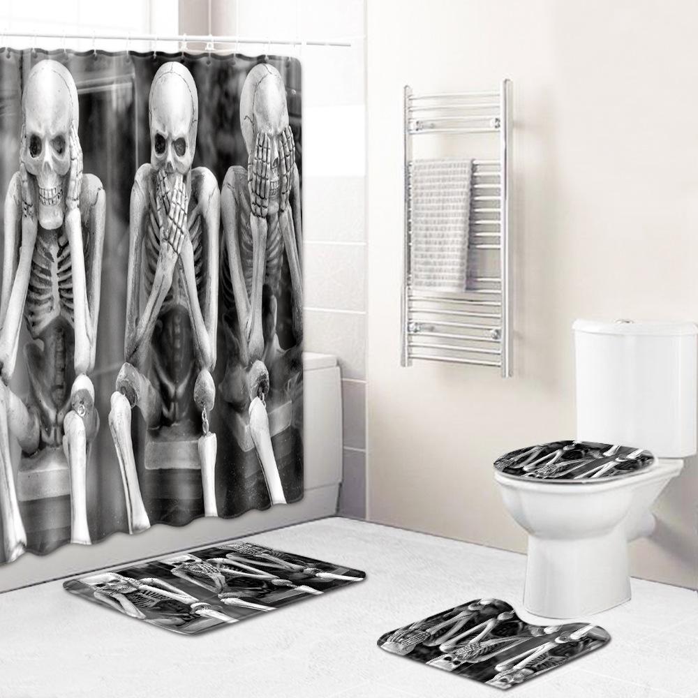 Skull Shower Curtain Floor Mat Combination Four-Piece Set Bathroom Toilet Carpet Shower Room Mat Foot Mat