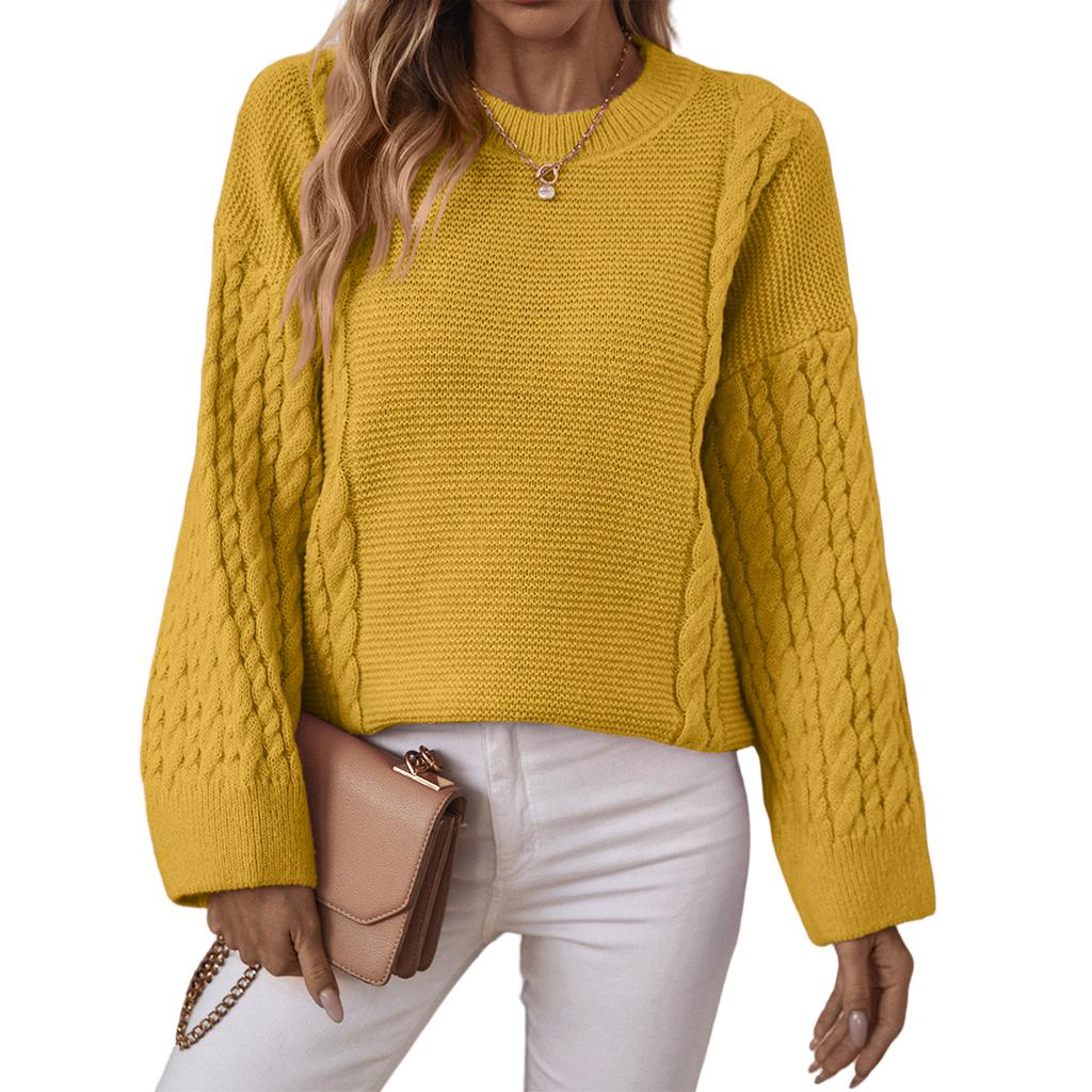 Women's Fashion Casual Round Neck  Twists Knitwear Solid Color Pullover Long Sleeve Loose Sweater