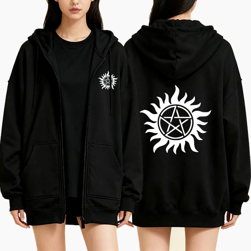 Pentagram Printed Zipper Hoodie Autumn Winter Women Casual Vintage Oversize Fashion Long Sleeve Fleece Sweatshirts