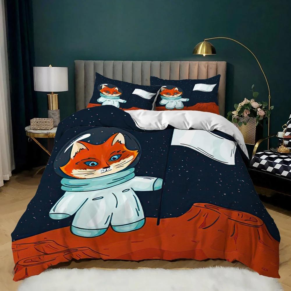 Cartoon Animal Duvet Cover Microfiber Pig Astronaut Red Bedding Set Space Universe Animal Theme King Quilt Cover