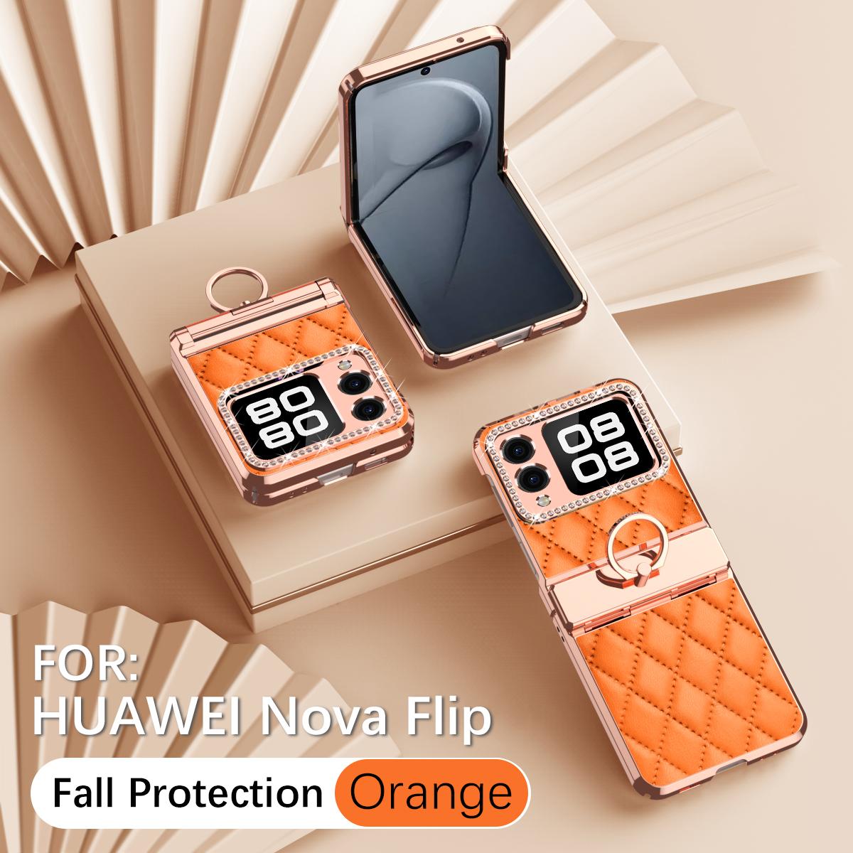 

Luxury Fashion Diamonds Leather Plating Ring Holder Phone Case For Huawei Nova Flip Hinge Full Protection Case Cover PC and Leather&vivo X Flip оранжевый
