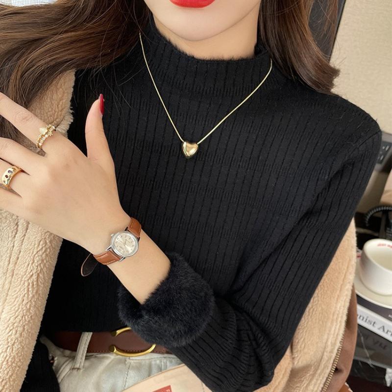 Women's Autumn Winter Fleece-Lined Thickened Half-High Neck Knit Long Sleeve Base Layer Sweater with Integrated Fleece Fabric