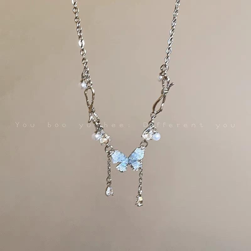 Super Immortal Butterfly Crystal Necklace Women's Light Luxury Niche Design Sense New Tassel Clavicle Chain Premium Neck Chain Jewelry