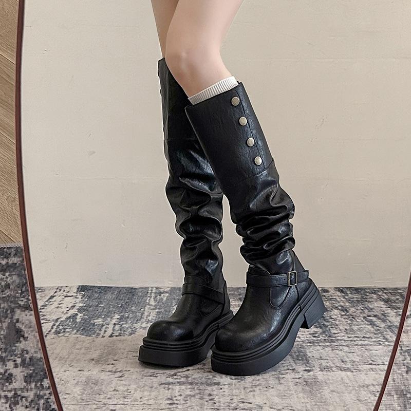 Brown British Platform Boots Women's Winter New Knee Thick Heel Premium Stacking Boots Retro Tall Tube