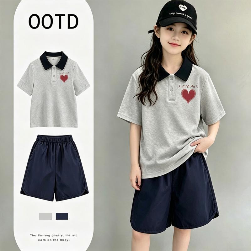 Girls' Trendy Retro Patchwork Polo T-Shirt Set - New Summer Cotton Collared Short-Sleeves for Medium & Large Children.