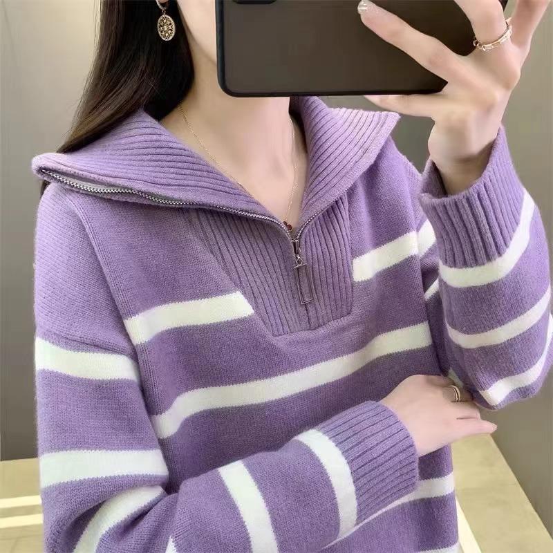 Knitted striped sweater women's autumn and winter autumn lazy wind lapel zipper knitted jacket women's pullover long-sleeved top