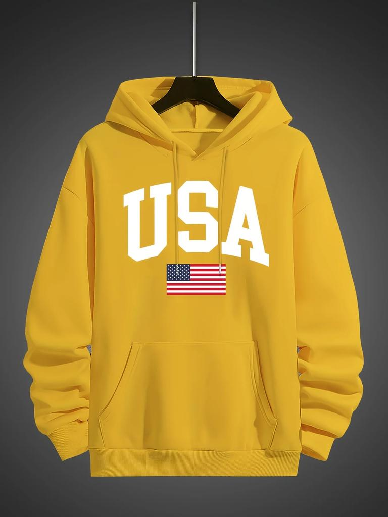 Men's Autumn and Winter Fashionable Casual Hoodie, Simple Printed American Flag, Comfortable Hooded Long-sleeved Sweatshirt