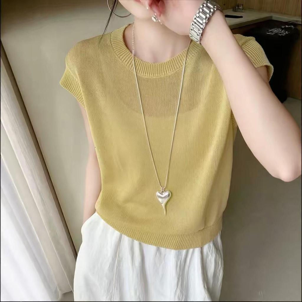 2026 Summer Orange Ice Silk Knitwear: Stylish Round Neck Short Sleeve Solid Color Top for Petite Women