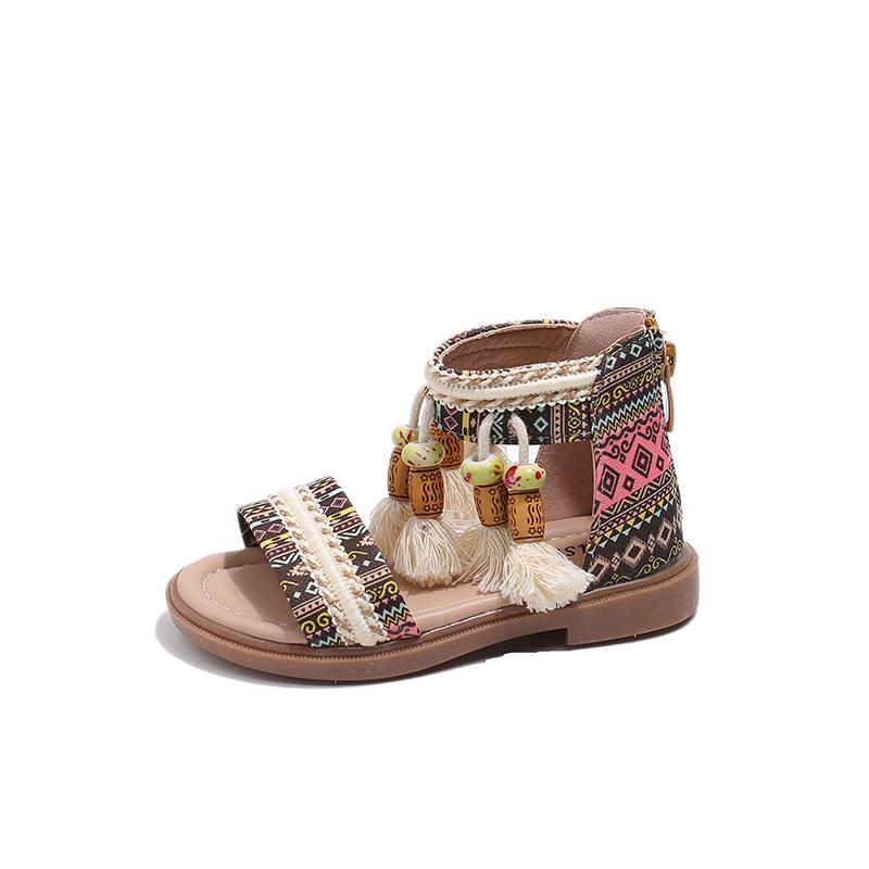 Girls Ethnic Retro Sandals Children Gladiator Sandals Fashion Kids Tassels Princess Shoes Breathable Non-slip 23