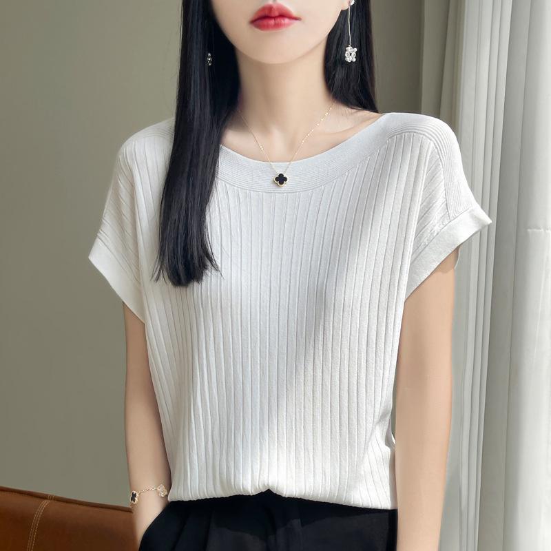 Fashion Slash Neck Women Sweater Ice Silk Spring Summer Women Loose Casual Shirts Short Sleeve Top