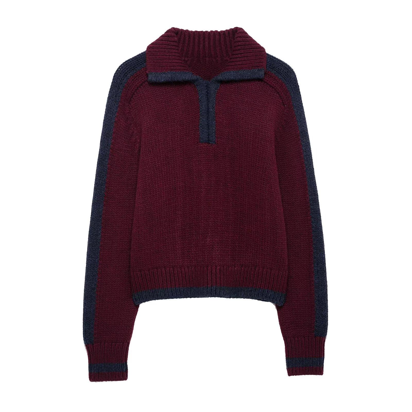 

2025 Spring Women s Color Block Lapel Knit Pullover Medium