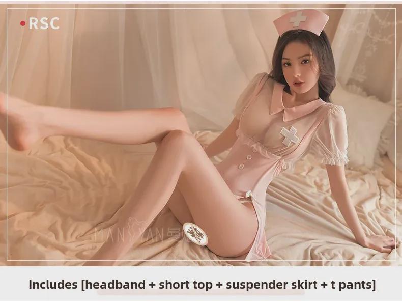 Lenjerie transparentă sexy Fusta cu fante din fire moale Set uniforme de asistentă 9040