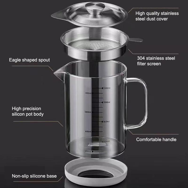 1L/1.5L Stainless Steel Glass Oil Strainer Pot Container Jug Storage Can With Filter Cooking Oil Pot For Kitchen Household Tools