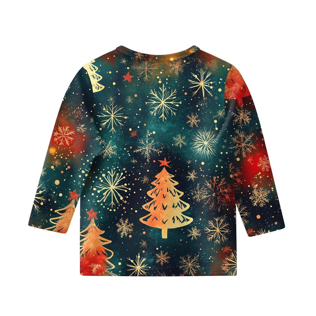 Christmas Day Print Tops For Youth Girls 5-16 Years Round Neck 3/4 Sleeves T-Shirts Trendy Tops Outfit Tees